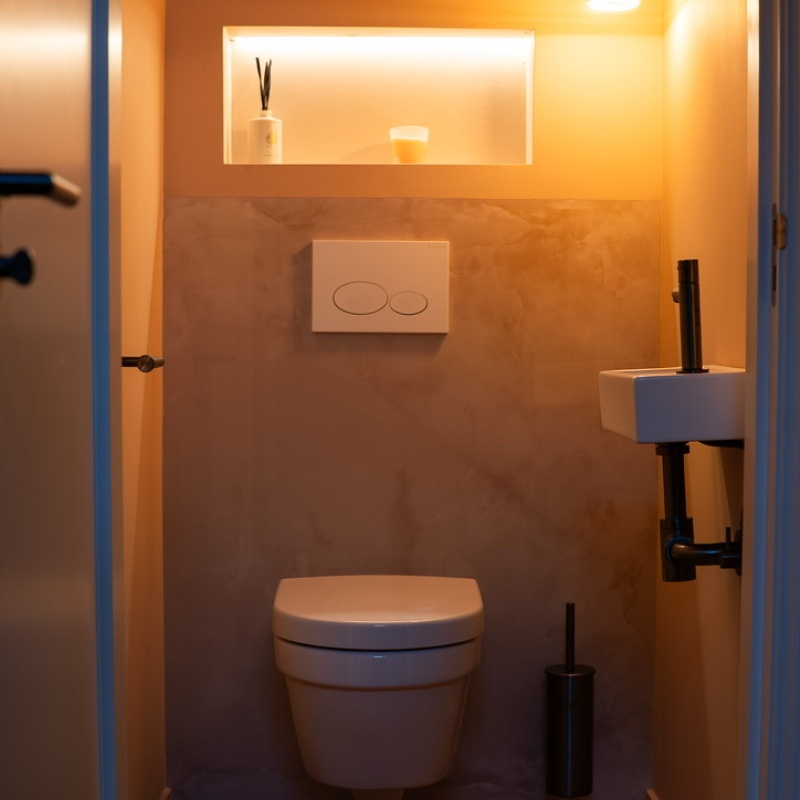 Atmospheric toilet room with wall-hung toilet, illuminated wall niche, hand basin and decorative pendant lamp in the sustainably renovated Geuzenkwartier home, The Hague
